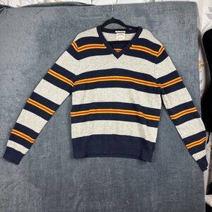 Brooks Brothers V-Neck Sweater Blue and Gray Striped Men’s Medium